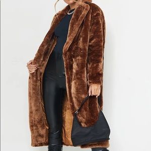 PLT brown lapel midaxi faux fur coat